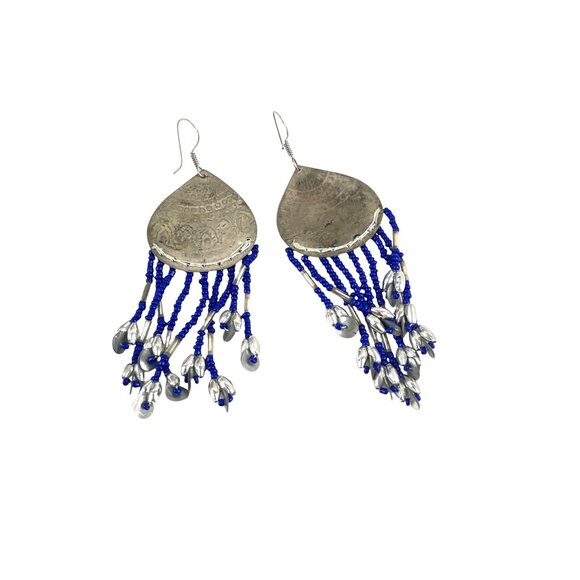 Silver & Blue Beaded Dangle Earrings Intricate Engravings & Teardrop Charms Boho - Picture 3 of 6